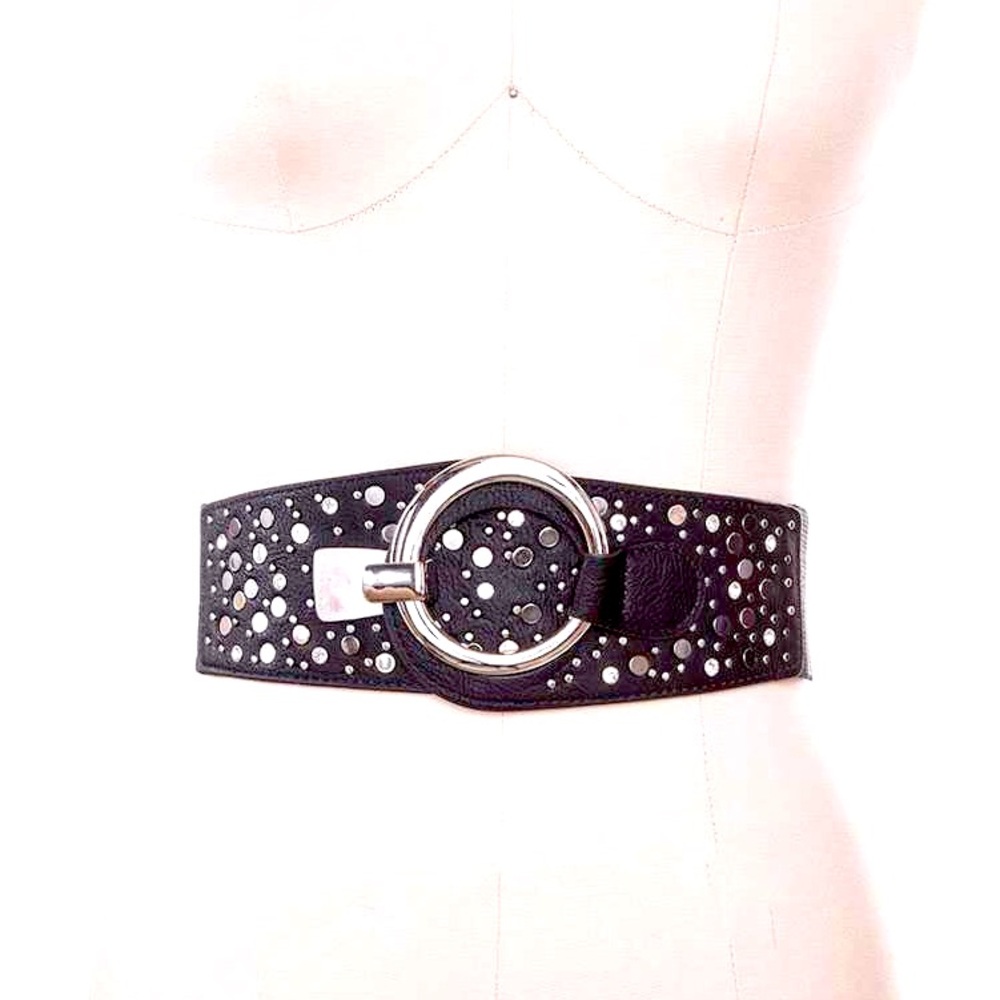 Black Vegan Leather Studded Elastic Statement Belt